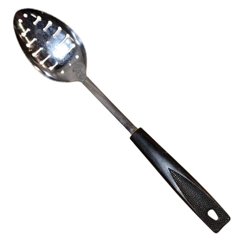 Vintage EKCO USA Chrome Plated Slotted Spoon‎ Black Plastic Handle